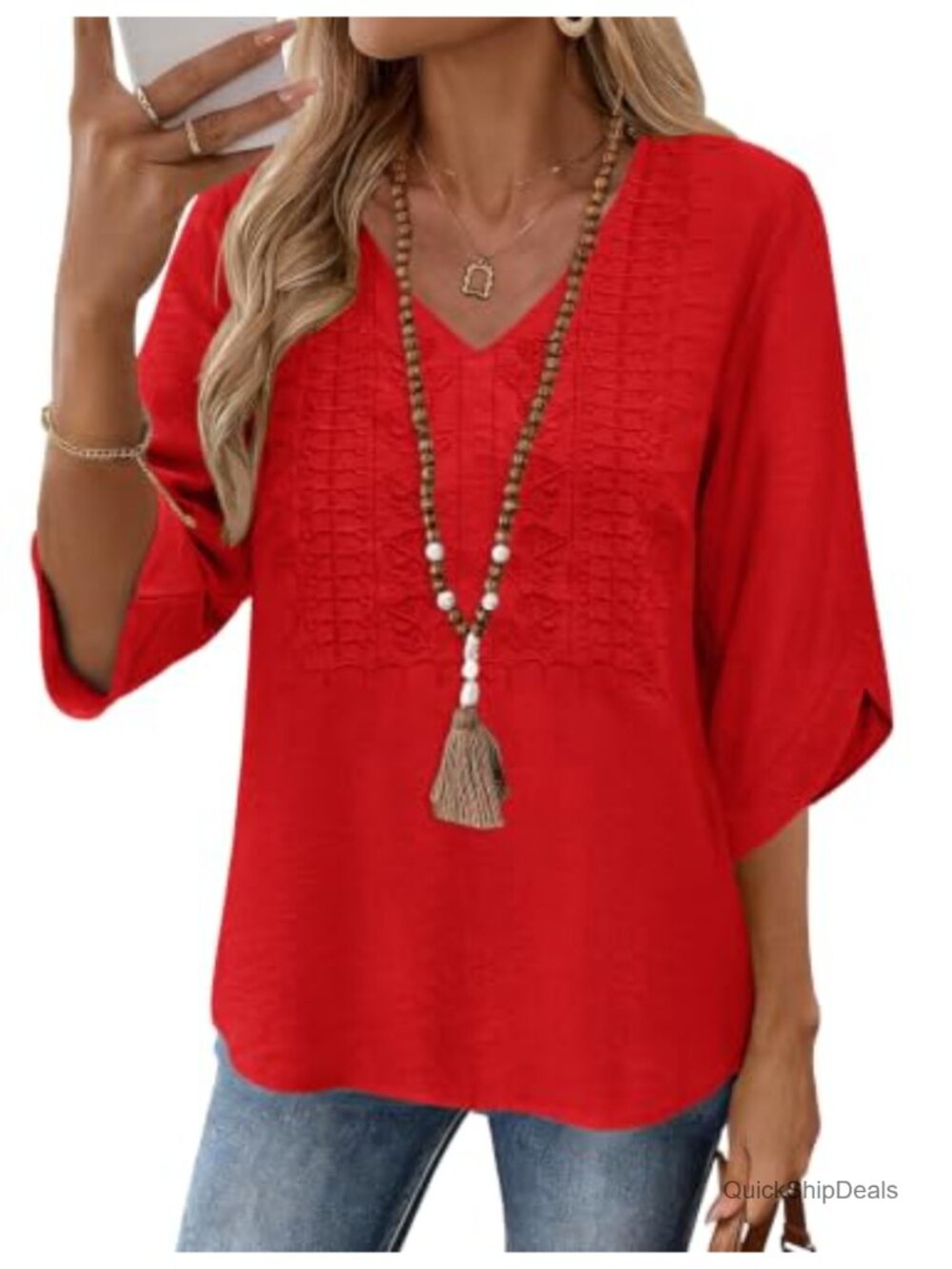 Rapbin Womens 3/4 Sleeve Embroidered Lace Blouse Boho V-Neck Summer Top